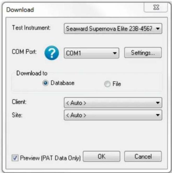 Download Test Instrument: Seaward Supernova Elite 23B-4567 COM Port: COM1 Settings... Download to Database File Client: < Auto > Site: < Auto > Preview (PAT Data Only) OK Cancel