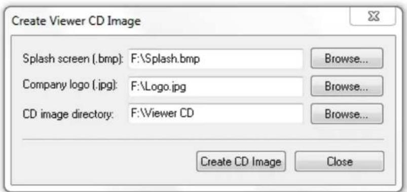 Create Viewer CD Image Splash screen (.bmp): F:\Splash.bmp Company logo (.jpg): F:\Logo.jpg CD image directory: F:\Viewer CD Browse... Browse... Browse... Create CD Image Close