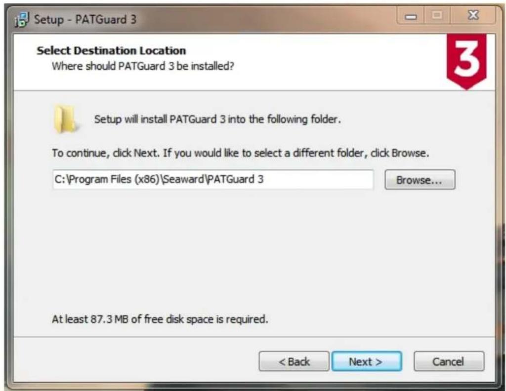 Setup - PATGuard 3 Select Destination Location Where should PATGuard 3 be installed? Setup will install PATGuard 3 into the following folder. To continue, click Next. If you would like to select a different folder, click Browse. C:\Program Files (x86)\Seaward\PATGuard 3 Browse... At least 87.3 MB of free disk space is required. < Back Next > Cancel