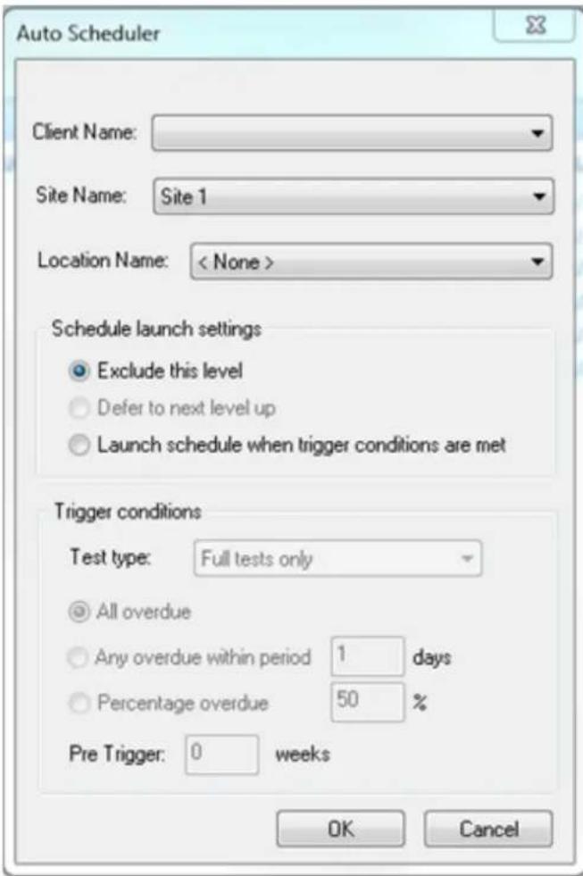 Auto Scheduler Client Name: Site Name: Site 1 Location Name: < None > Schedule launch settings Exclude this level Defer to next level up Launch schedule when trigger conditions are met Trigger conditions Test type: Full tests only All overdue Any overdue within period 1 days Percentage overdue 50 % Pre Trigger: 0 weeks OK Cancel