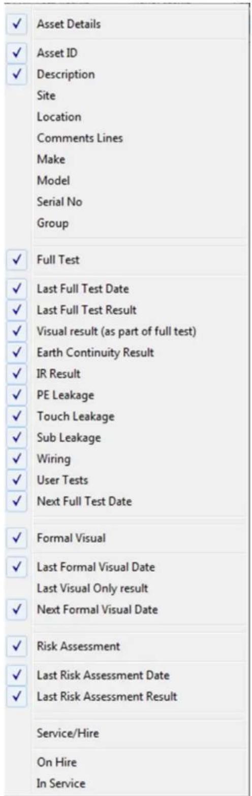 ✓ Asset Details ✓ Asset ID ✓ Description Site Location Comments Lines Make Model Serial No Group ✓ Full Test ✓ Last Full Test Date ✓ Last Full Test Result ✓ Visual result (as part of full test) ✓ Earth Continuity Result ✓ IR Result ✓ PE Leakage ✓ Touch Leakage ✓ Sub Leakage ✓ Wiring ✓ User Tests ✓ Next Full Test Date ✓ Formal Visual ✓ Last Formal Visual Date Last Visual Only result ✓ Next Formal Visual Date ✓ Risk Assessment ✓ Last Risk Assessment Date ✓ Last Risk Assessment Result Service/Hire On Hire In Service