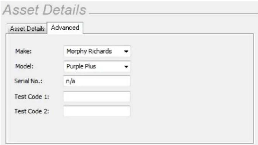 Asset Details Asset Details Advanced Make: Morphy Richards Model: Purple Plus Serial No.: n/a Test Code 1: Test Code 2: