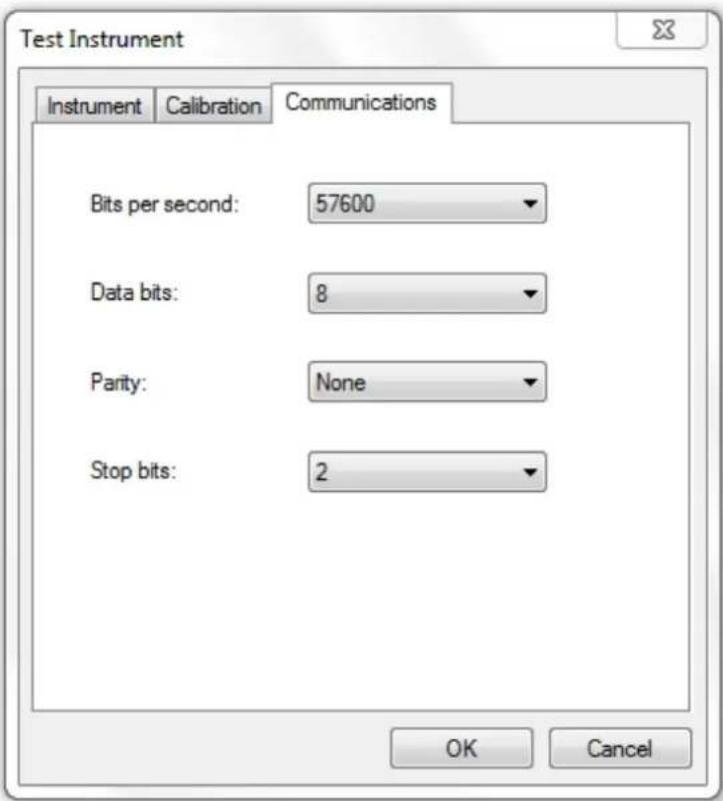 Test Instrument Instrument Calibration Communications Bits per second: 57600 Data bits: 8 Parity: None Stop bits: 2 OK Cancel