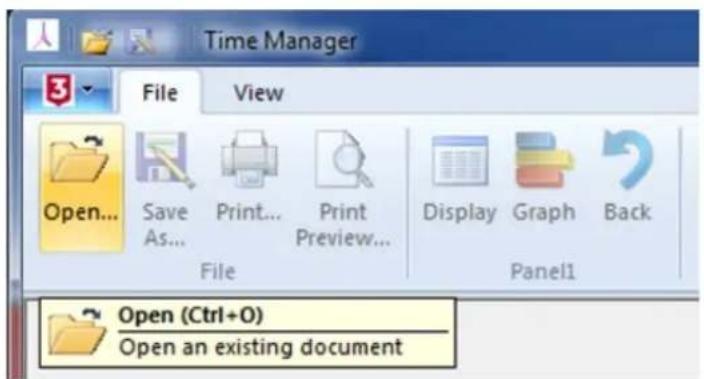 Time Manager File View Open... Save As... Print... Print Preview... File Display Graph Back Panel1 Open (Ctrl+O) Open an existing document