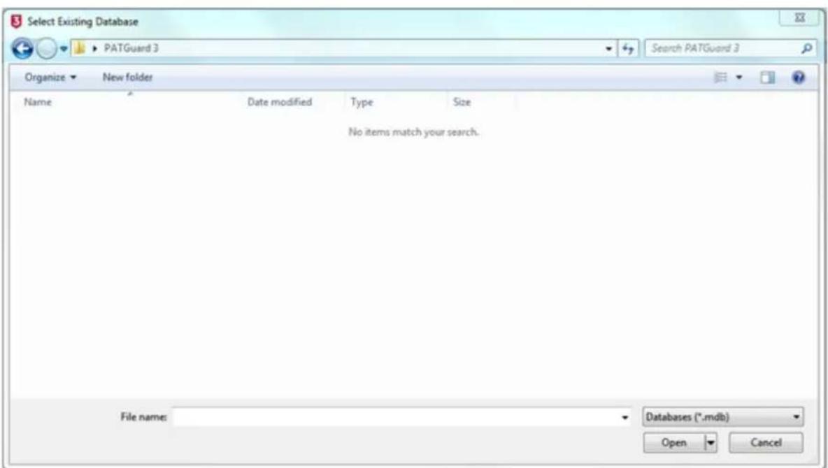 Select Existing Database PATGuard 3 Organize New folder Name Data modified Type Size No items match your search. File name: Databases (*.mdb) Open Cancel