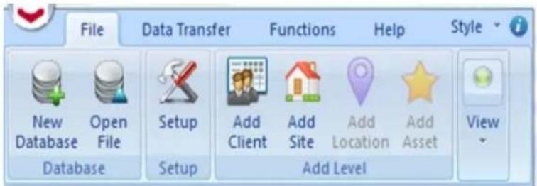 File Data Transfer Functions Help Style New Database Open File Setup Add Client Add Site Add Location Add Asset View Database Setup Add Level