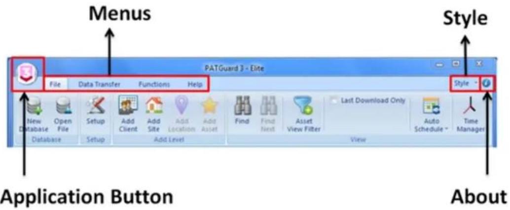 Menus Style PATGuard 3 - Elite File Data Transfer Functions Help New Open Setup Add Client Add Site Add Location Add Asset Find Find Next Asset View Filter Last Download Only Auto Schedule Time Manager Database File Setup Add Level View Application Button About