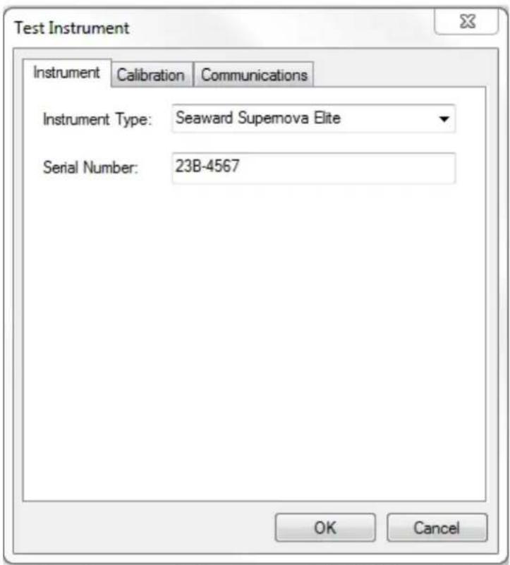 Test Instrument Instrument Calibration Communications Instrument Type: Seaward Supernova Elite Serial Number: 23B-4567 OK Cancel