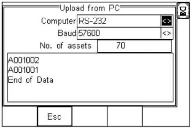 Upload from PC Computer RS-232 Baud 57600 No. of assets 70 A001002 A001001 End of Data Esc