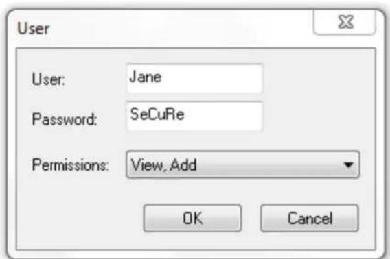 User User: Jane Password: SeCuRe Permissions: View, Add OK Cancel