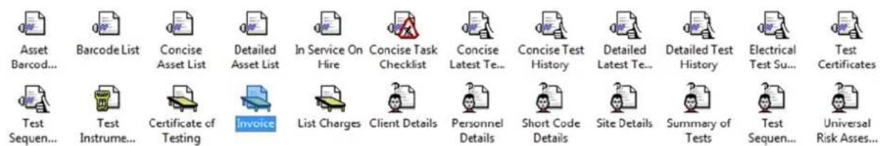 Asset Barcod... Barcode List Concise Asset List Detailed Asset List In Service On Hire Concise Task Checklist Concise Latest Te... Concise Test History Detailed Latest Te... Detailed Test History Electrical Test Su... Test Certificates Test Sequen... Test Instrume... Certificate of Testing Invoke List Charges Client Details Personnel Details Short Code Details Site Details Summary of Tests Test Sequen... Universal Risk Asses...