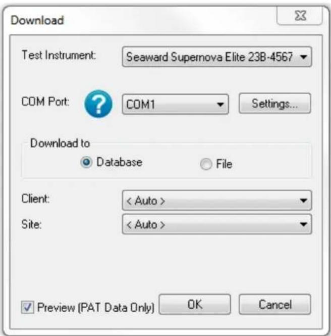 Download Test Instrument: Seaward Supernova Elite 23B-4567 COM Port: COM1 Settings... Download to Database File Client: < Auto > Site: < Auto > Preview (PAT Data Only) OK Cancel