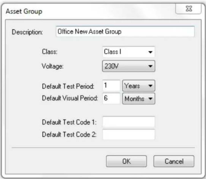 Asset Group Description: Office New Asset Group Class: Class I Voltage: 230V Default Test Period: 1 Years Default Visual Period: 6 Months Default Test Code 1: Default Test Code 2: OK Cancel
