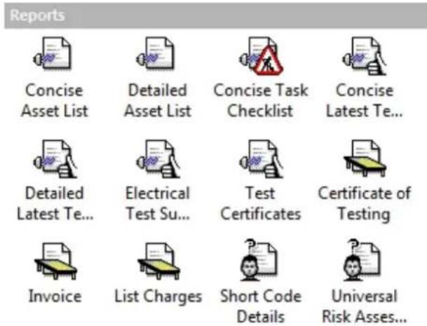 Reports Concise Asset List Detailed Asset List Concise Task Checklist Concise Latest Te... Detailed Latest Te... Electrical Test Su... Test Certificates Certificate of Testing Invoice List Charges Short Code Details Universal Risk Asses...
