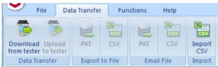 File Data Transfer Functions Help Download Upload PAT CSV PAT CSV Import from tester,to tester Export to File Email File Import Data Transfer