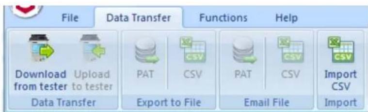 File Data Transfer Functions Help Download from tester Upload to tester PAT CSV PAT CSV Import CSV Data Transfer Export to File Email File Import