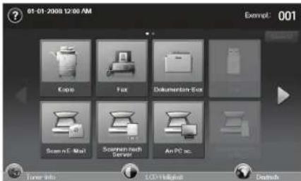 01-01-2008 12:00 /AM Beispiel: 001 Cope Fax Dokumente Fax Scan per E-Mail Scantemech Server An PC sc. Timer info LCD-Hilfebox Deutsch