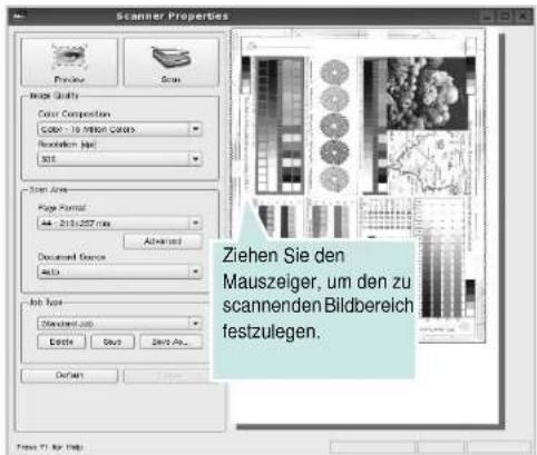 Scanner Properties, Image Quality, Color Composition, Color - 10 Million Colors, Resolution: Jump, 300, Scan Area, Page Format, 44 - 211/257 mm, Advanced, Document Service, Auto, Job Map, Standard Job, Delete, Edit, Edit/All..., Default, Ziehen Sie den Mauszeiger, um den zu scannenden Bildbereich fe…