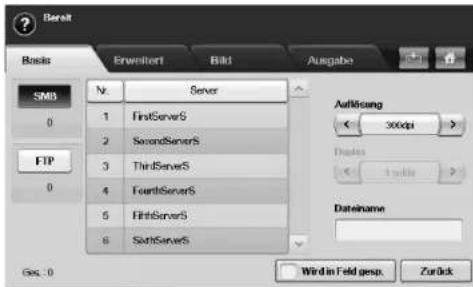 Basis Erweitert Bild Ausgabe SMB Nr. Server 1 FirstServerS 2 SecondServerS 3 ThirdServerS 4 FourthServerS 5 FifthServerS 6 SixthServerS Auflösung ← 300dpi > Duplex ← 100 dpi > Dateiname Wird in Feld gesp. Zurück FTP 0 Ges. 0