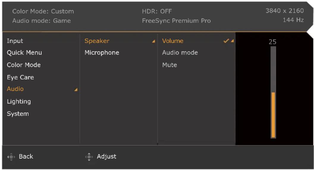 Color Mode: Custom Audio mode: Game HDR: OFF FreeSync Premium Pro 3840 x 2160 144 Hz Input Quick Menu Color Mode Eye Care Audio Lighting System Speaker Microphone Volume Audio mode Mute 25 Back Adjust