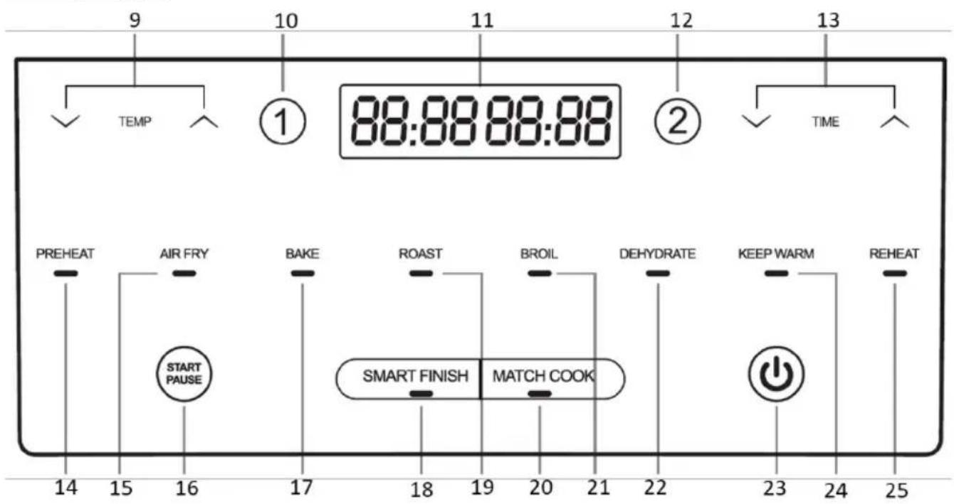 9 TEMP 10 11 88:88:88.00 ① ② TIME PREHEAT AIR FRY BAKE ROAST BROIL DEHYDRATE KEEP WARM REHEAT START PAUSE SMART FINISH MATCH COOK 23 24 25