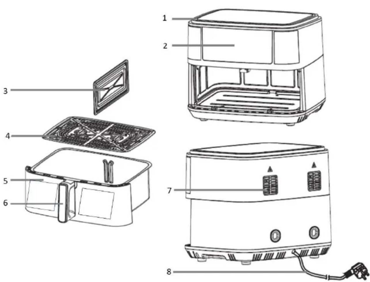 Exploded diagram of a toaster oven with labeled parts including front, interior, and exterior views