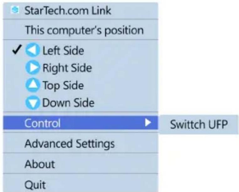 StarTech.com Link This computer's position ✓ Left Side ► Right Side ▲ Top Side ▼ Down Side Control Switch UFP Advanced Settings About Quit