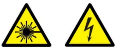 Two yellow triangular warning signs: one with a sunburst symbol and the other with a lightning bolt.