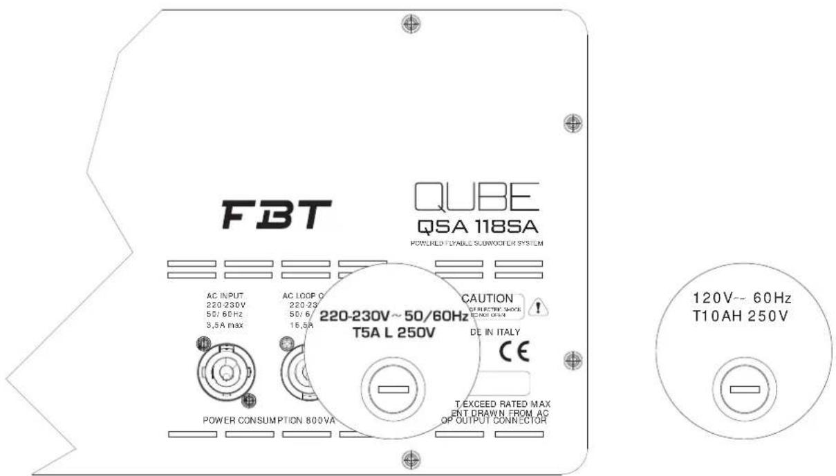 QUBE QSA 118SA POWERED PLYABLE SOUNCER SYSTEM AC INPUT 220-230V 50/60Hz 3.5A max AC LOOP O 220-23 50/6 16.5A 220-230V~50/60Hz T5A L 250V CAUTION DIRECTOR MODE BELOW DOOR DE IN ITALY CE POWER CONSUMPTION 800VA T EXCEED RATED MAX ENT DRAWN FROM AC OP OUTPUT CONNECTOR 120V~60Hz T10AH 250V