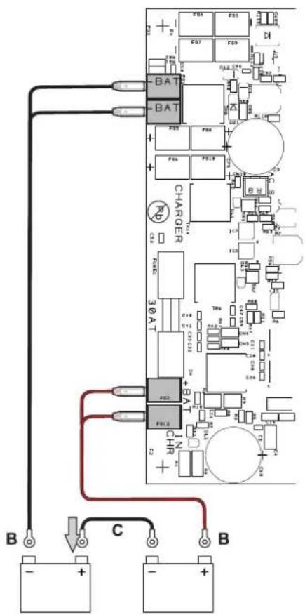 Electrical circuit diagram with labeled components including battery, charging, and relay, showing connections between terminals B and C.