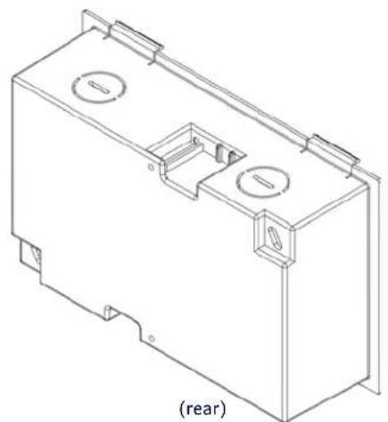 Technical line drawing of a rectangular electrical enclosure with two circular cutouts and mounting brackets (no text or symbols)