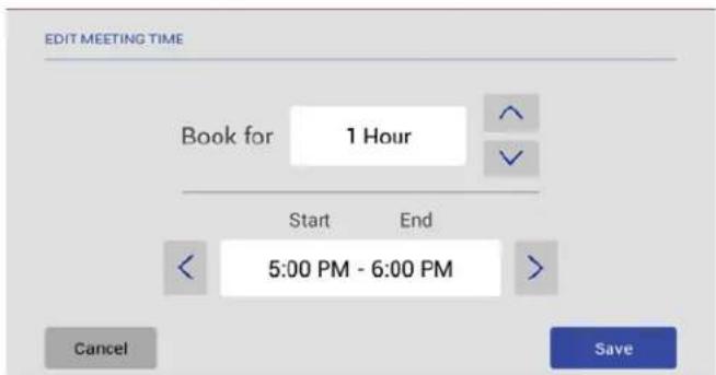 EDIT MEETING TIME Book for 1 Hour Start End 5:00 PM - 6:00 PM Cancel Save
