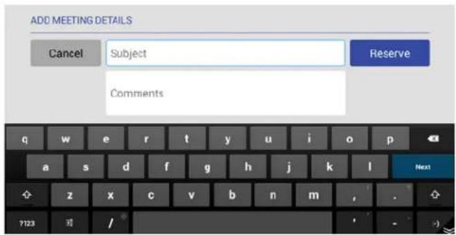 ADD MEETING DETAILS Cancel Subject Reserve Comments q w e r t y u i o p a s d f g h j k l Next z x c v b n m , . ?123 /