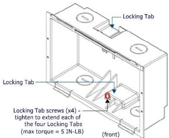 Locking Tab Locking Tab Locking Tab screws (x4) - tighten to extend each of the four Locking Tabs (max torque = 5 IN-LB) (front)