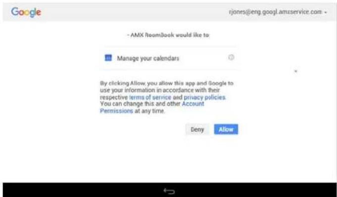 Google - AMX RoomBook would like to Manage your calendars By clicking Allow you allow this app and Google to use your information in accordance with their respective terms of service and privacy policies. You can change this and other Account Permissions at any time. Deny Allow