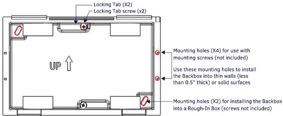 Locking Tab (X2) Locking Tab screw (x2) UP ↑ Mounting holes (X4) for use with mounting screws (not included) Use these mounting holes to install the Backbox into thin walls (less than 0.5" thick) or solid surfaces Mounting holes (X2) for installing the Backbox into a Rough-In Box (screws not include…