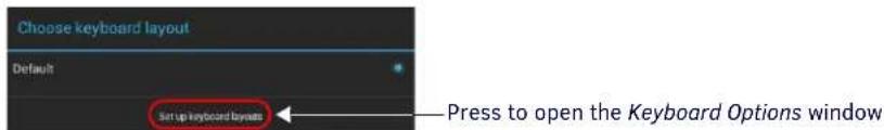 Choose keyboard layout Default Set up keyboard layouts Press to open the Keyboard Options window