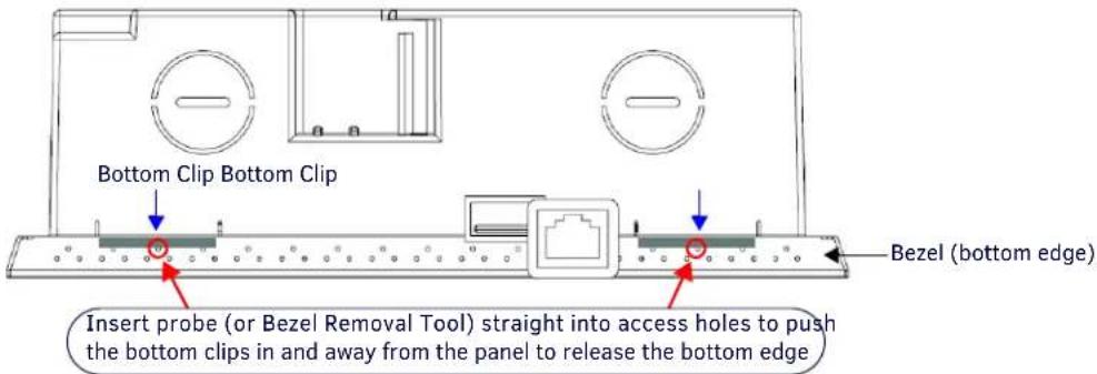 Bottom Clip Bottom Clip Insert probe (or Bezel Removal Tool) straight into access holes to push the bottom clips in and away from the panel to release the bottom edge Bezel (bottom edge)