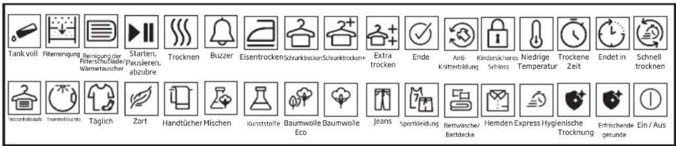 Tank voll Filterreinigung Reinigung der Filterschußlade/Pausieren, Wametauscher Starten, abzubre Trocknen Buzzer Eisentrocken Schranktrocken Schranktrocken+ Extra trocken Ende Anti- Knitterbildung Kindersicheres Schloss Niedrige Temperatur Trockene Zeit Endet in Schnell trocknen Trockerbätsstufe Trommelkouchte Täglich Zart Handtücher Mischen Kunststoffe Baumwolle Eco Baumwolle Jeans Sportkleidung Bettwäsche/ Bettdecke Hemden Express Hygienische Trocknung Erfrischende gesunde Ein / Aus
