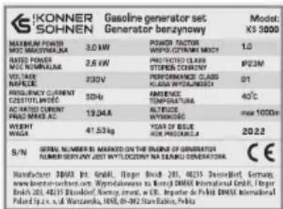 Könner & Söhnen KS 3000 - ESCHREIBUNG DER AUFSCHRIFTEN EINES GENERATORS - 1