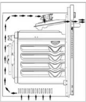 Technical diagram of a refrigerator or oven with labeled dimensions and airflow indicators