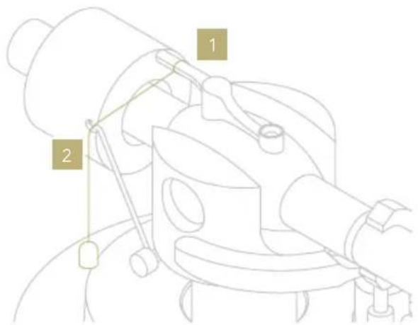 Technical diagram of a mechanical device with labeled parts 1 and 2