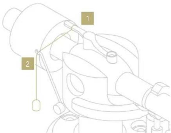 Technical diagram of a mechanical device with labeled parts 1 and 2