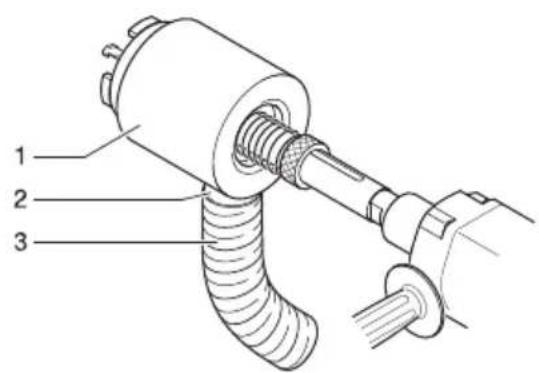 Technical diagram of a mechanical assembly with numbered parts labeled 1, 2, and 3