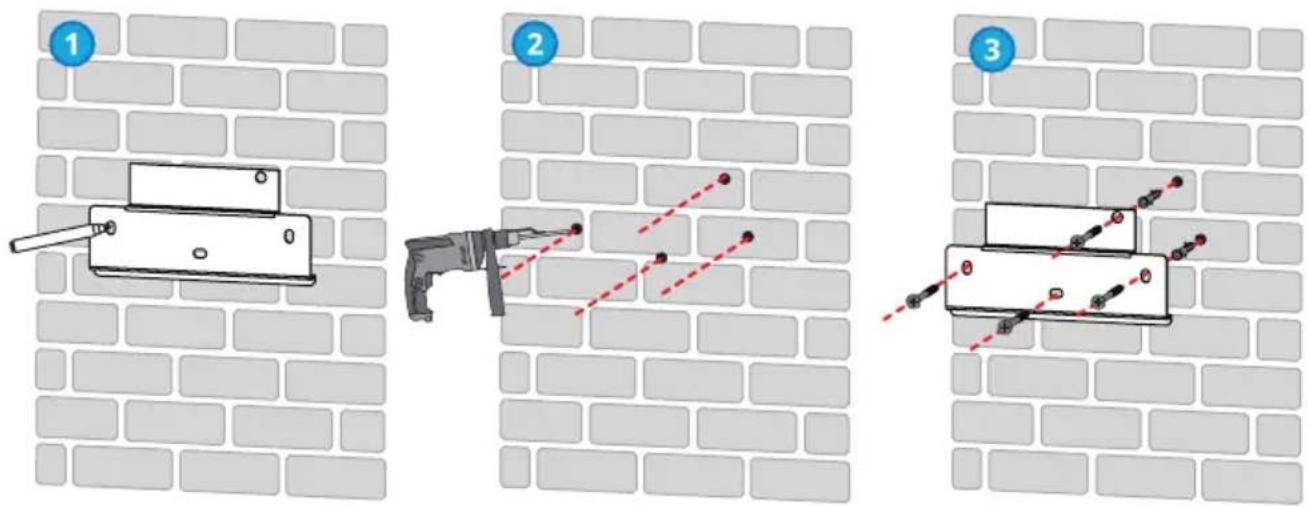 Diagram illustrating three steps of a gun entry mechanism on a brick wall, labeled 1, 2, and 3 with red dashed trajectory lines.