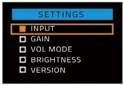 SETTINGS INPUT GAIN VOL MODE BRIGHTNESS VERSION