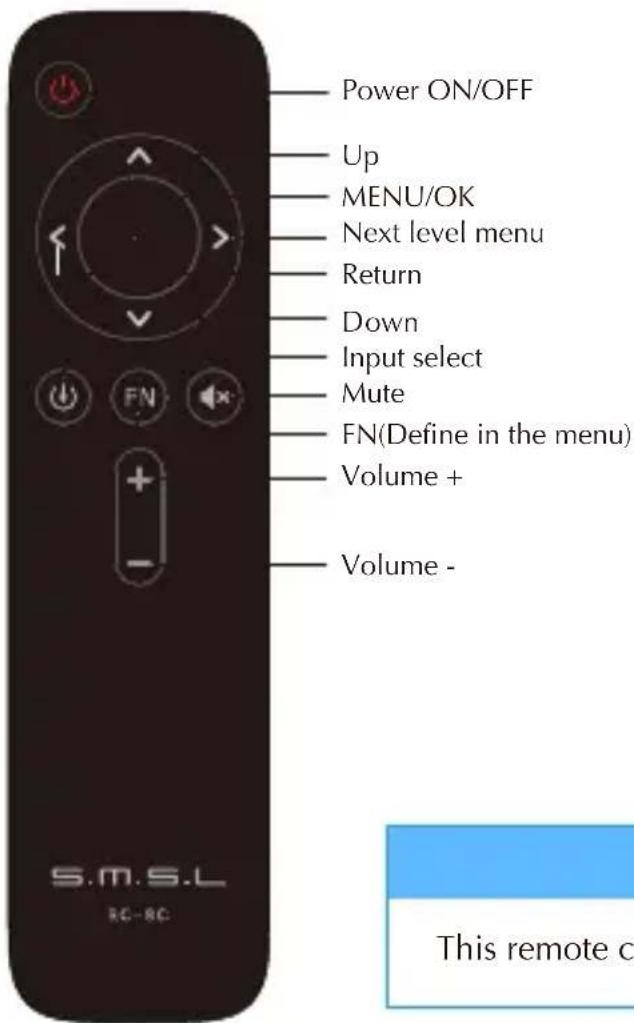 Power ON/OFF Up MENU/OK Next level menu Return Down Input select Mute FN(Define in the menu) Volume + Volume - S.M.S.L RC-RC This remote c