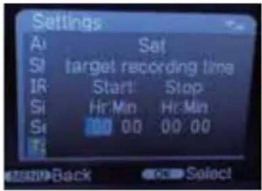 Settings A1 Sat SI target recording line IR Start Stop Si Hr Mn Hr Mn Se 00 00 00 00 Back Select