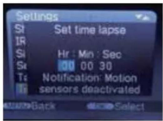 Settings St Set time lapse IR Si Hr Min Sec Se 00 00 30 Ts Notification Motion Tt sensors deactivated