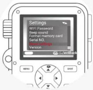 Settings WIFI Password Beep sound Format memory card Serial NO. Deep Alerting Version CAN SelectBack MENU SHOT